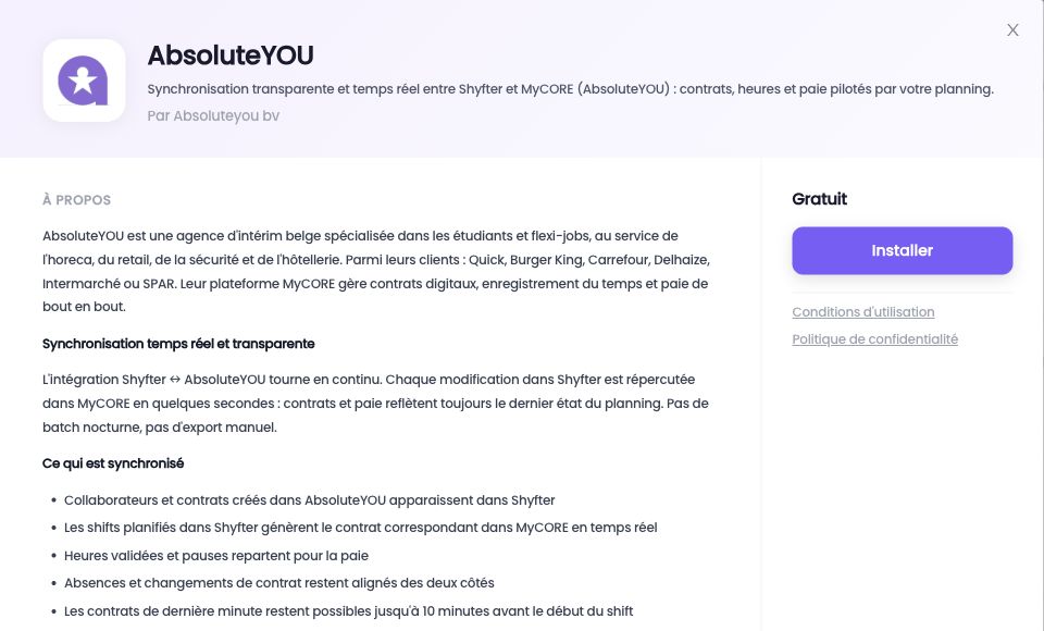 Fiche AbsoluteYOU dans le catalogue des intégrations