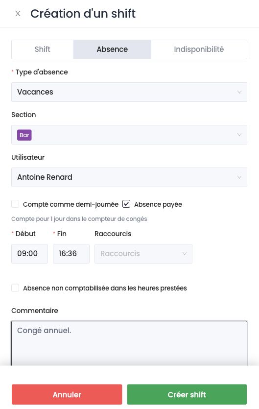 Onglet Absence du panneau : type, utilisateur, demi-journée, absence payée et horaires