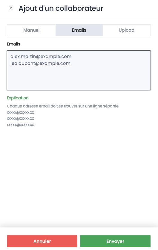 Onglet Emails : une adresse par ligne