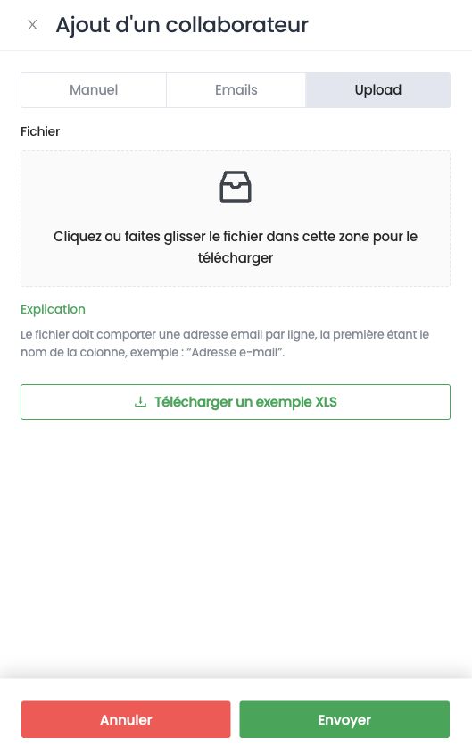 Onglet Upload : déposer un fichier, avec un exemple XLS à télécharger