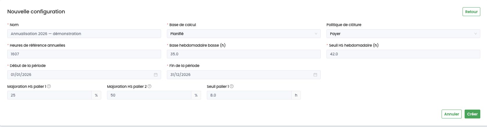 Nouvelle configuration d'annualisation : base de calcul, heures de référence, période et majorations