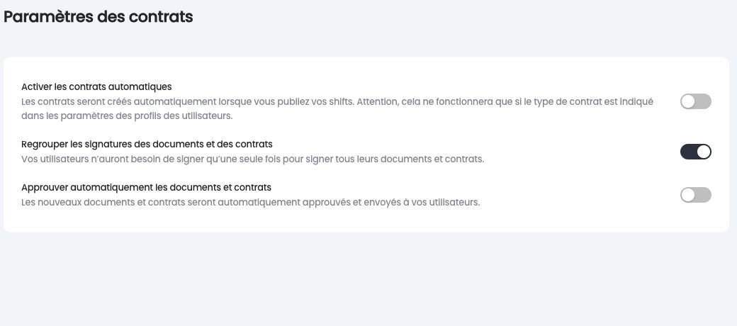 Paramètres des contrats, avec l'option Activer les contrats automatiques