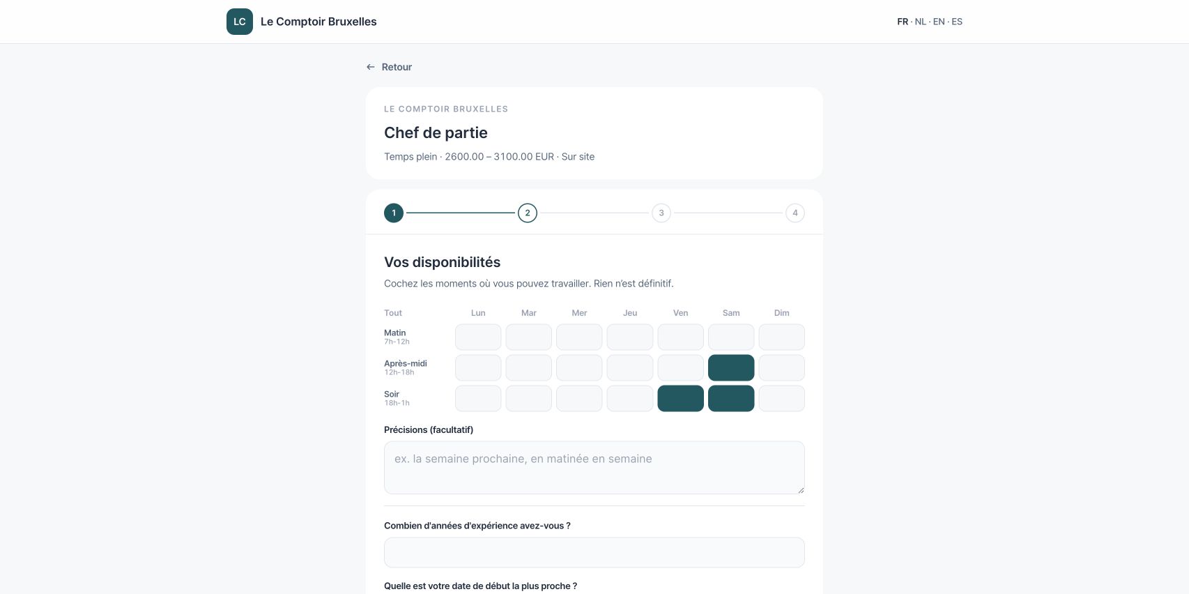 Étape 2 : la grille des disponibilités, suivie des questions de l'employeur