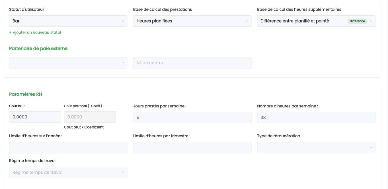 Champs Partenaire de paie externe et N° de contrat dans la fiche du collaborateur