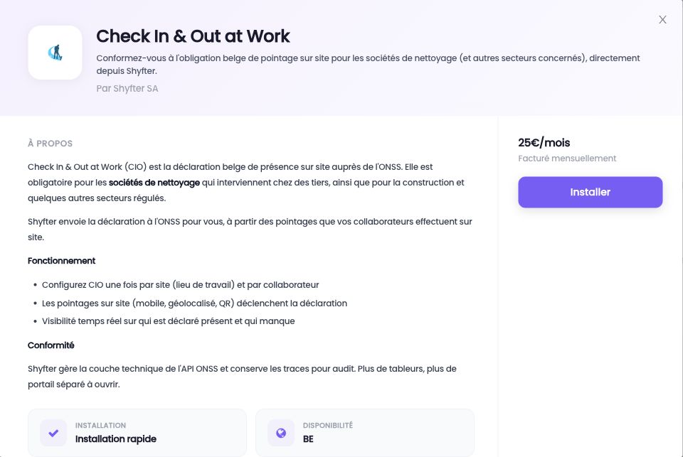 Fiche Check In & Out at Work dans le catalogue des intégrations