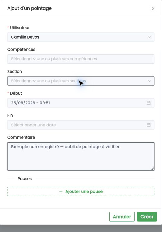 Fenêtre Ajout d'un pointage : utilisateur, section, début, fin, commentaire et pauses