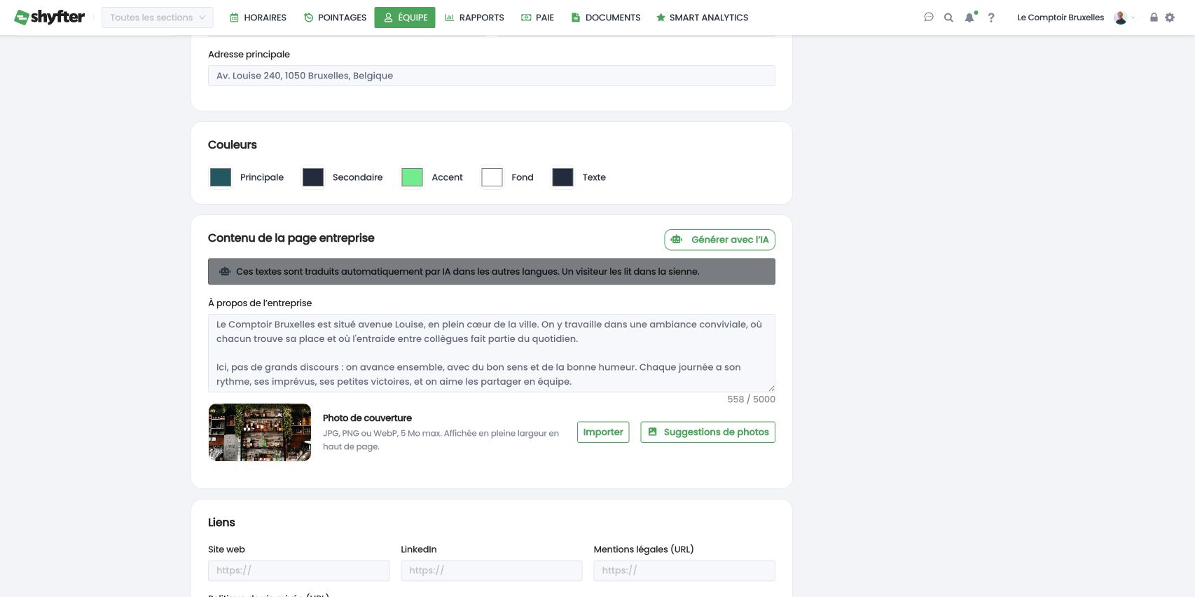 Couleurs et contenu de la page entreprise, avec Générer avec l'IA et Suggestions de photos