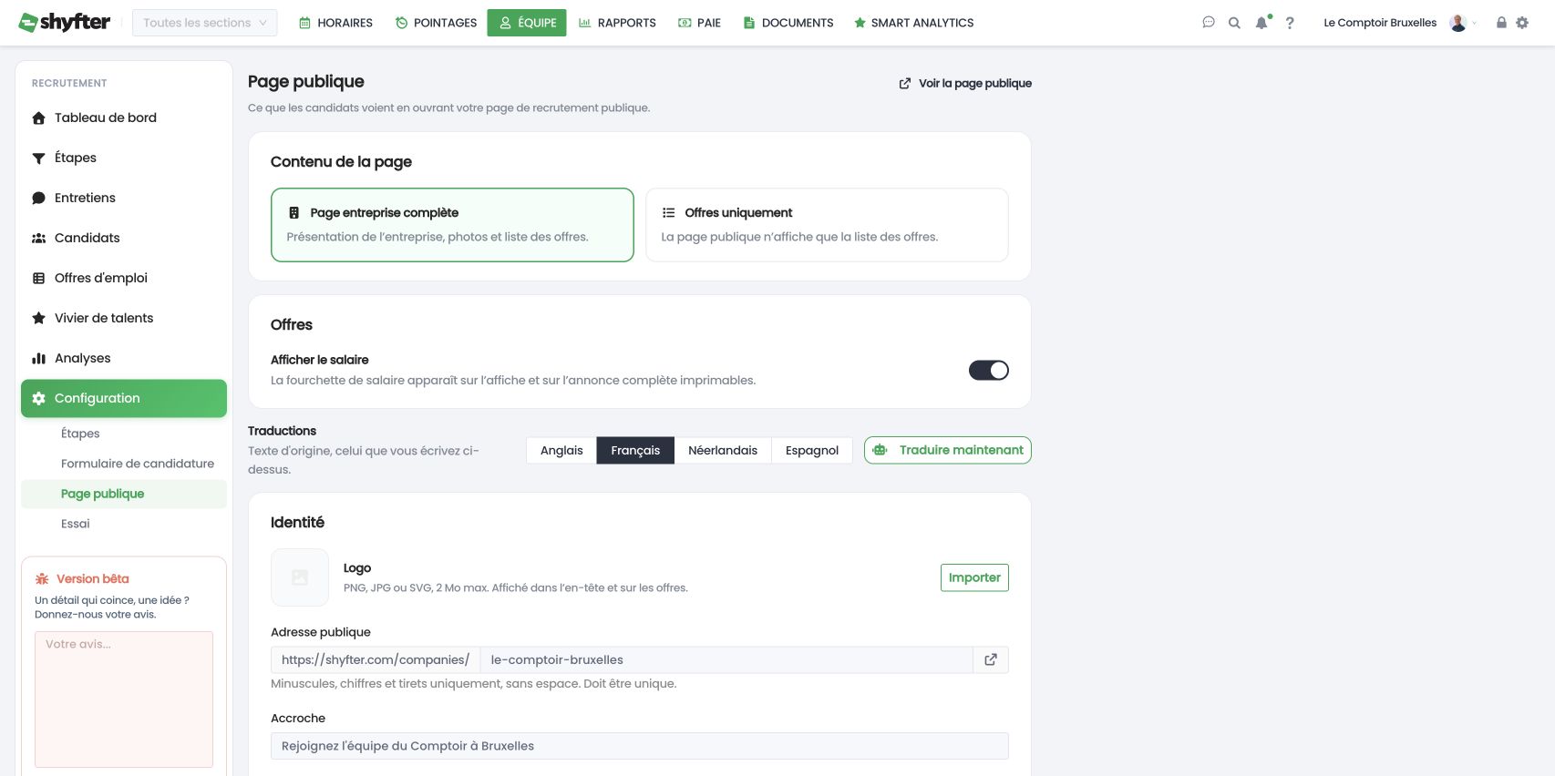 Réglages de la page publique : contenu de la page, salaire, traductions, identité et adresse publique