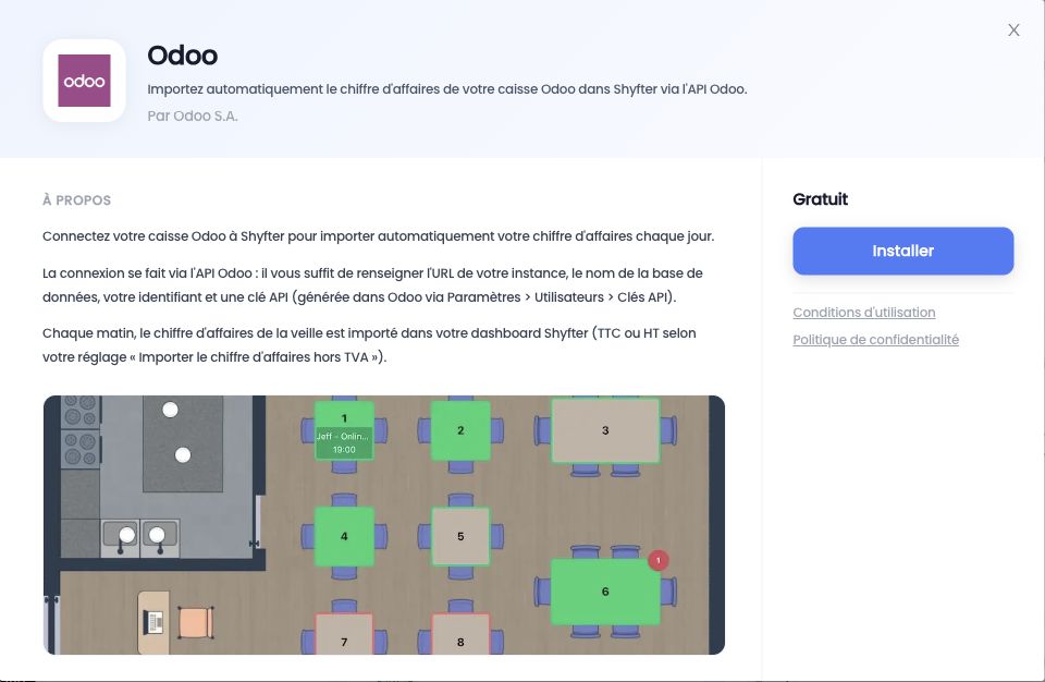 Fiche Odoo dans le catalogue des intégrations