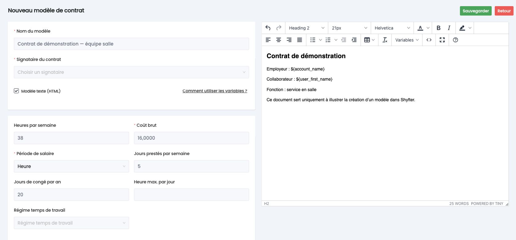 Nouveau modèle de contrat en modèle texte (HTML), avec des variables dans l'éditeur