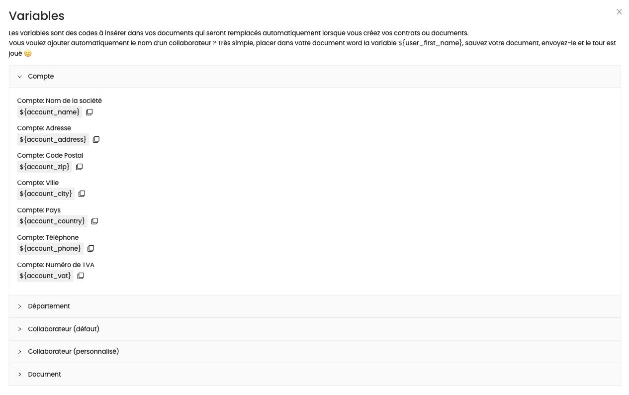 Liste des variables disponibles, classées par catégorie