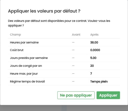 Fenêtre Appliquer les valeurs par défaut, avec les valeurs avant et après
