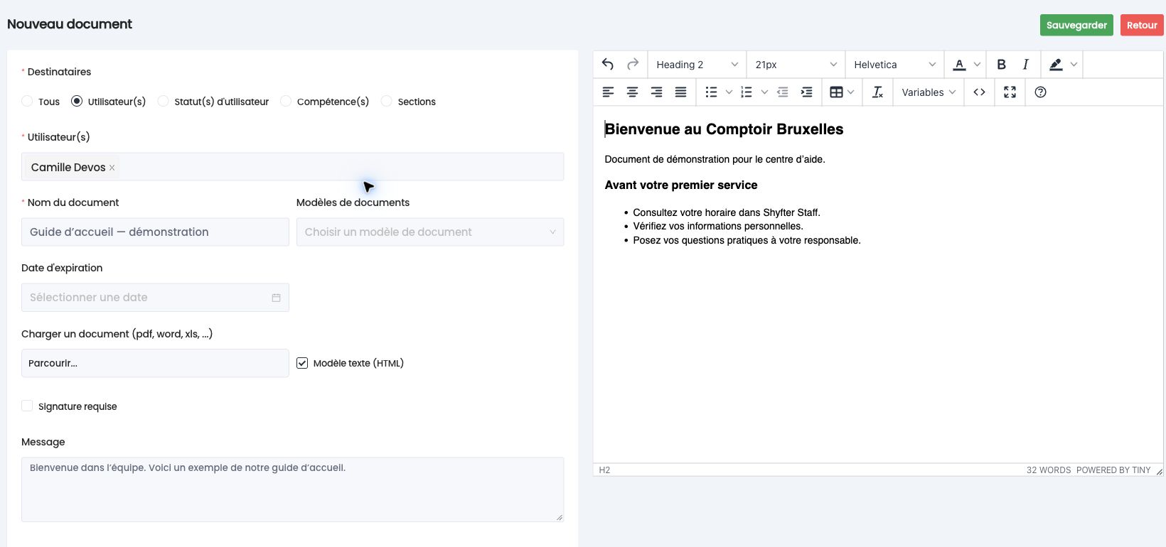 Formulaire Nouveau document : destinataires, nom, modèle, fichier ou modèle texte, signature requise et message