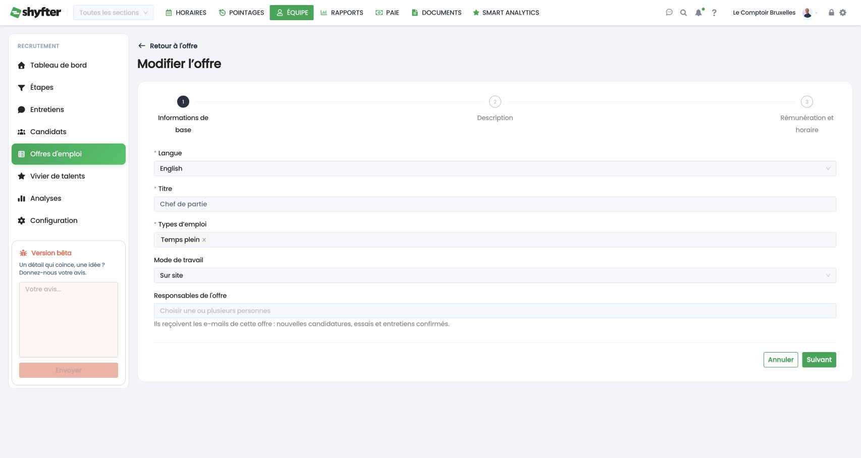 Étape 1 de l'offre : langue, titre, types d'emploi, mode de travail et responsables