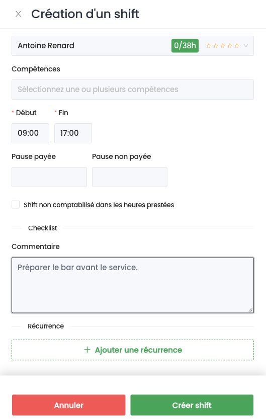 Suite du panneau : pauses, checklist, commentaire et récurrence
