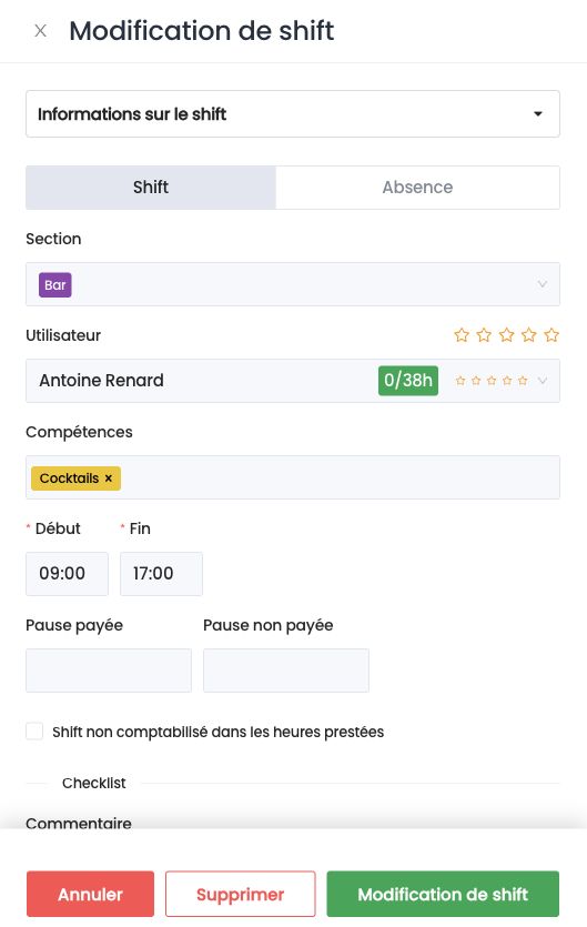 Le bouton Supprimer du panneau de modification d'un shift