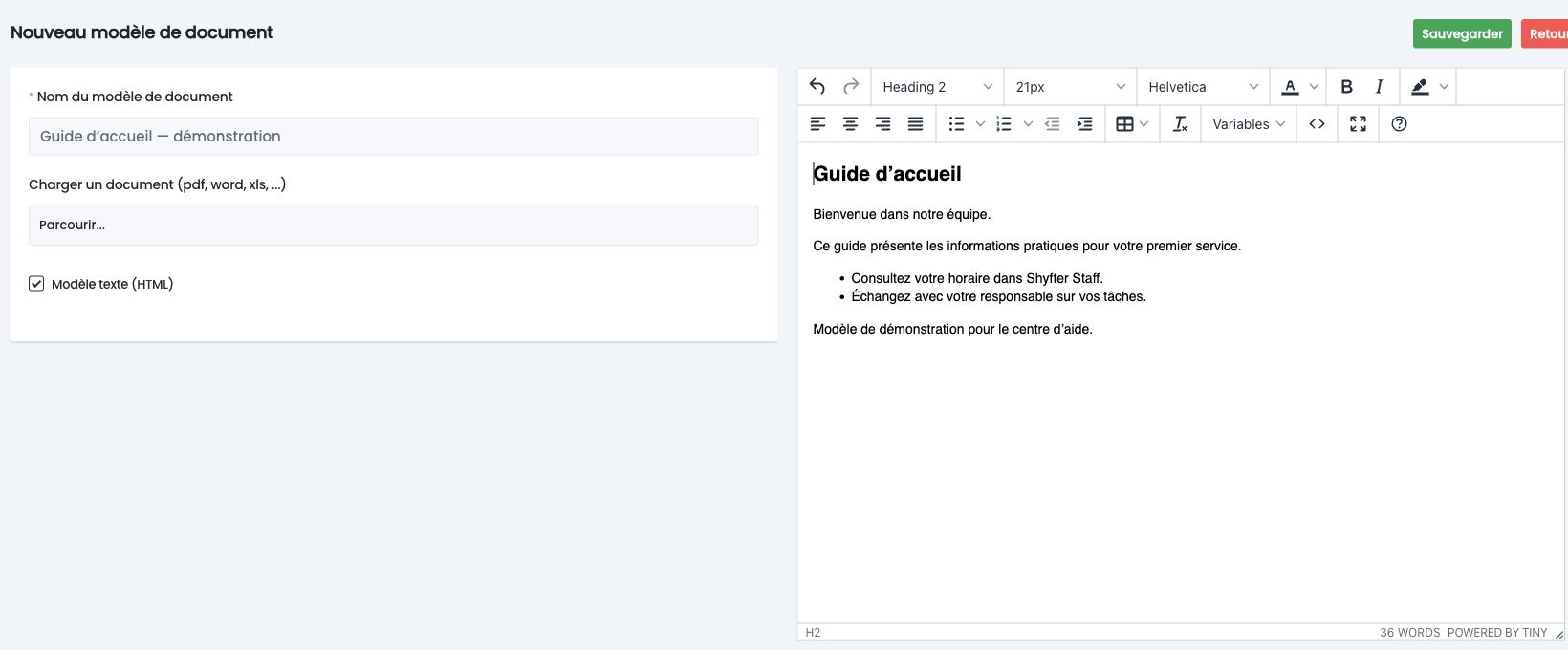 Nouveau modèle de document en modèle texte (HTML)