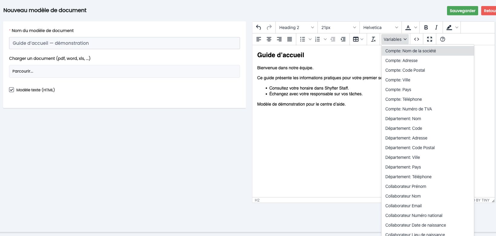 Menu Variables de l'éditeur, pour insérer des données du compte, du département ou du collaborateur