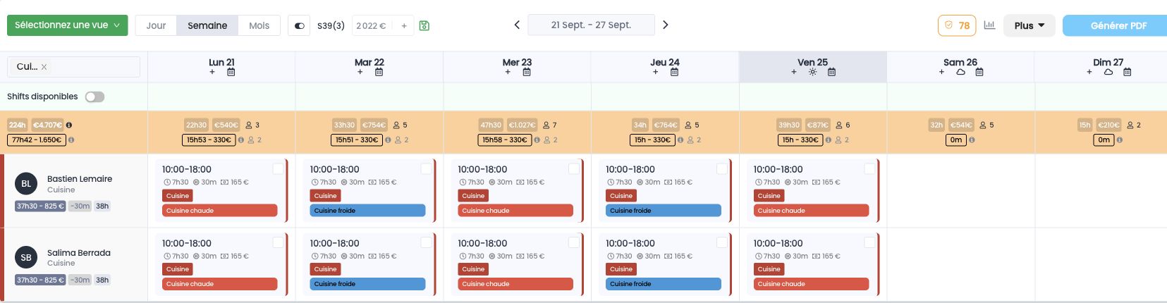 Vue Semaine filtrée sur la section Cuisine depuis la barre de recherche en haut à gauche