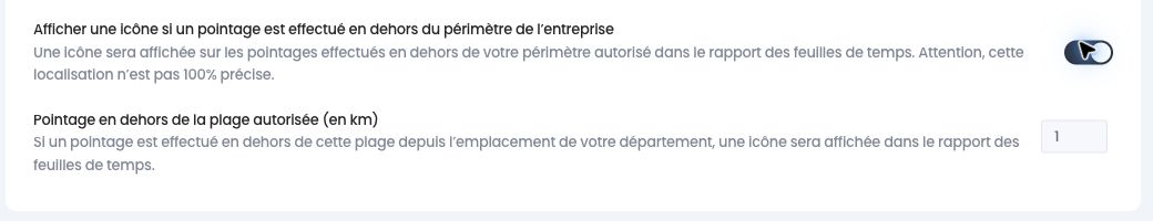 Icône pour les pointages hors périmètre et distance autorisée en kilomètres