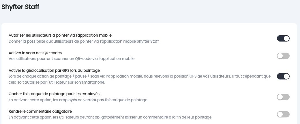 Option Activer la géolocalisation par GPS lors du pointage, dans les paramètres Shyfter Staff