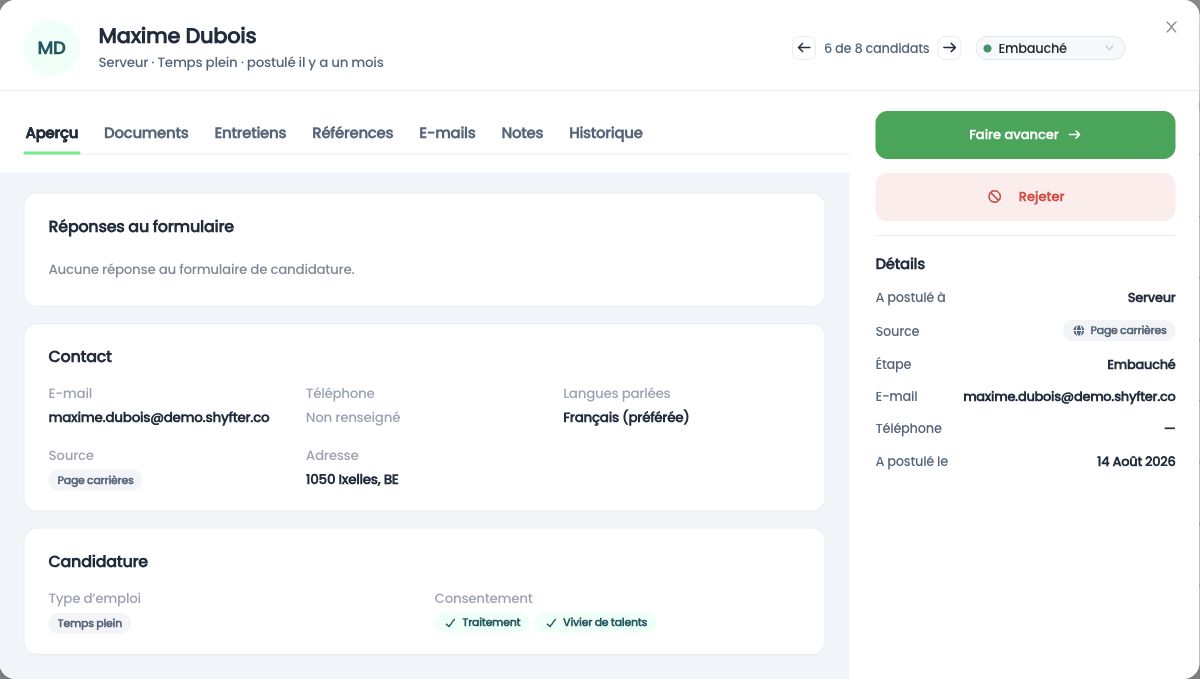 Fiche d'un candidat arrivé à l'étape Embauché
