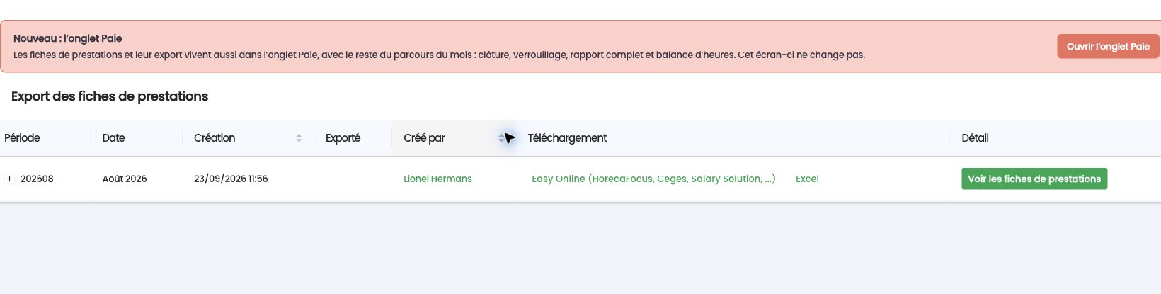 Page Export des fiches de prestations, avec le bandeau vers l'onglet Paie
