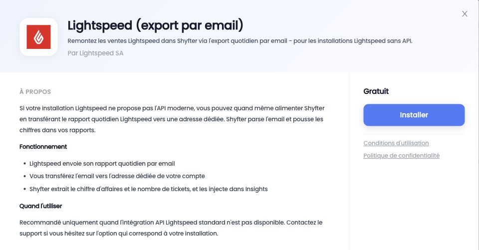 Fiche Lightspeed (export par email) dans le catalogue des intégrations