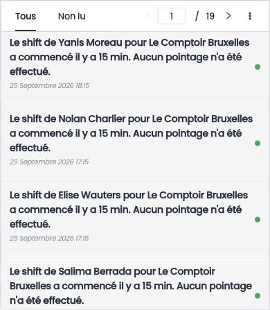 Notifications d'événements dans la cloche, par exemple un shift commencé sans pointage
