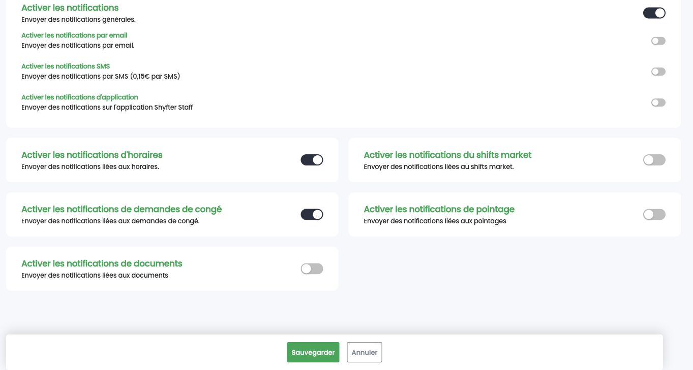 Sous-onglet Notifications : canaux et catégories de notifications du collaborateur