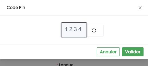 Fenêtre Code Pin, avec le bouton pour en générer un nouveau