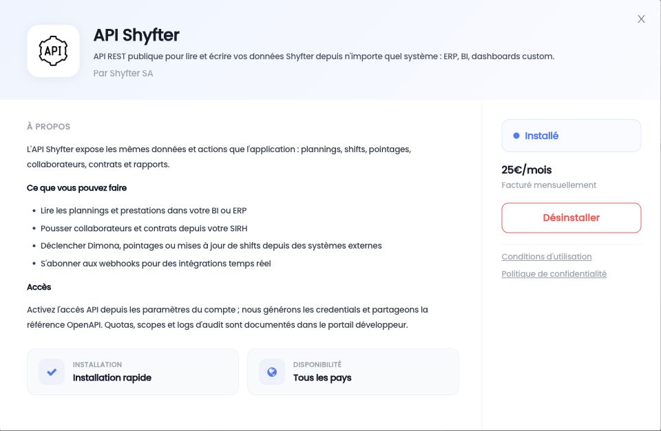 Fiche API Shyfter dans le catalogue des intégrations