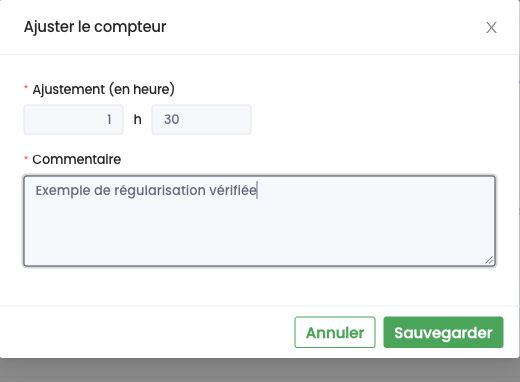 Fenêtre Ajuster le compteur : ajustement en heures et commentaire obligatoire