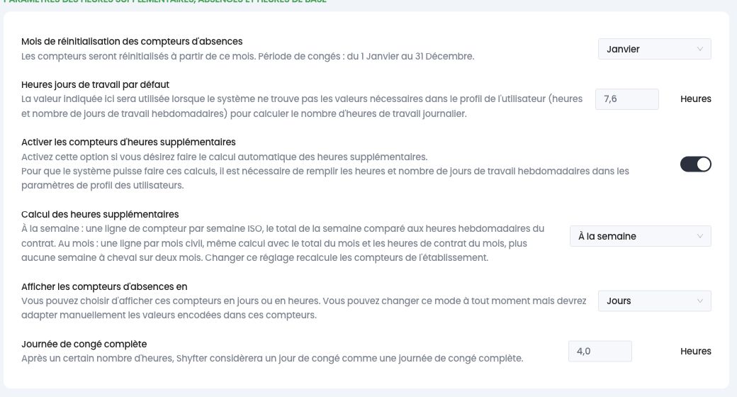 Paramètres des heures supplémentaires au niveau du compte