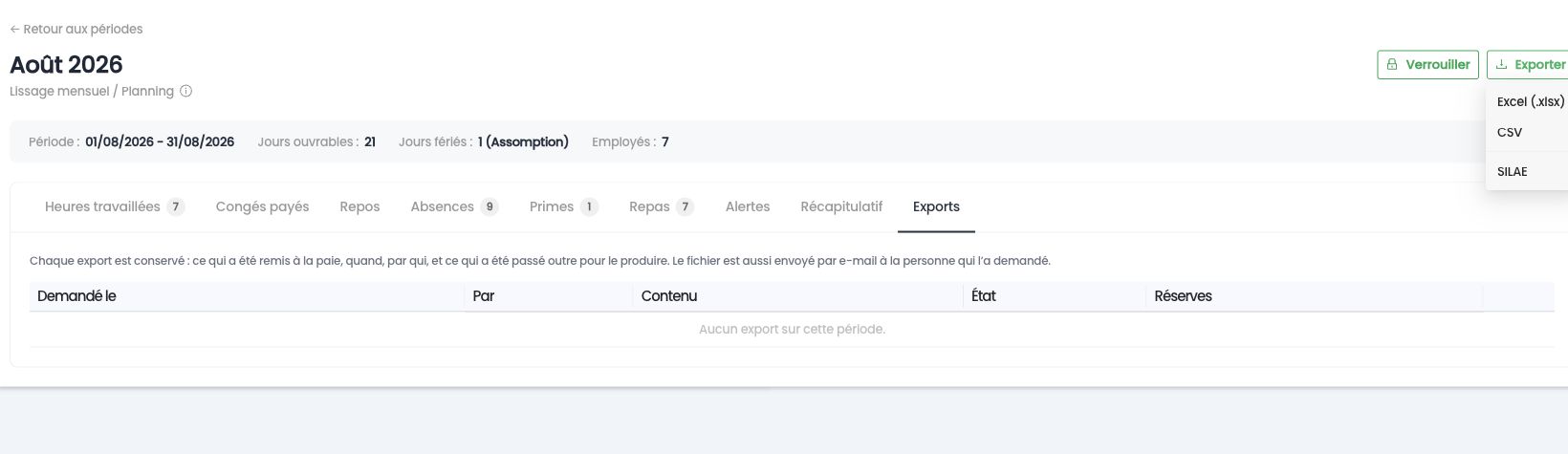 Formats d'export du rapport : Excel, CSV ou SILAE