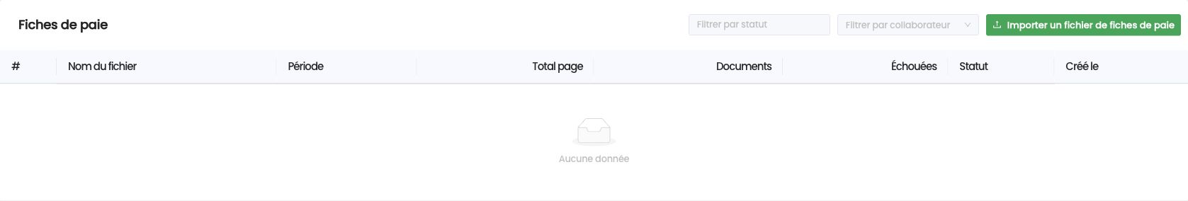 Page Fiches de paie, avec le bouton Importer un fichier de fiches de paie
