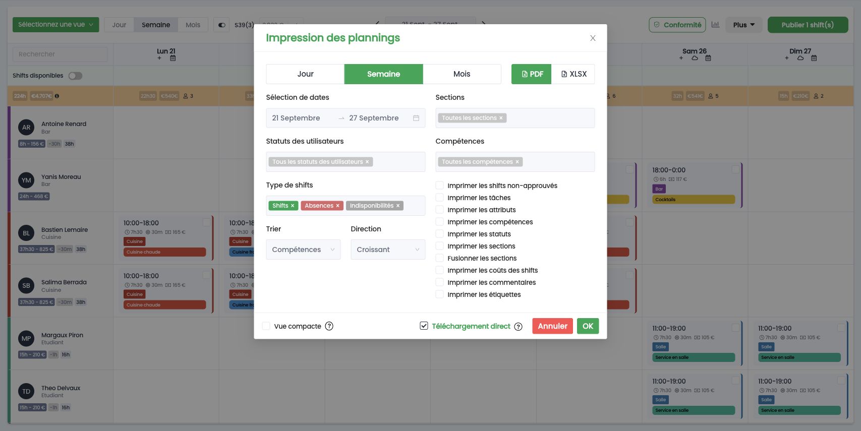 Fenêtre Impression des plannings : période, filtres, format PDF ou XLSX et options d'impression