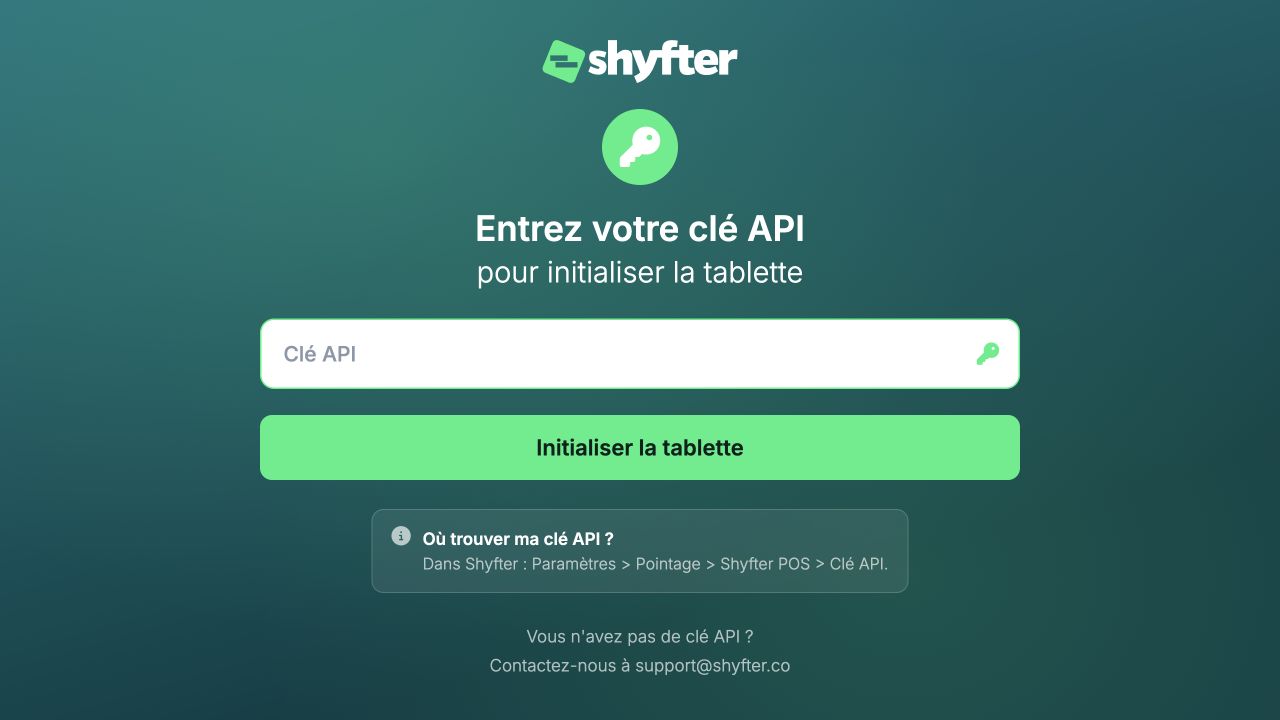 Écran Entrez votre clé API, avec le bouton Initialiser la tablette