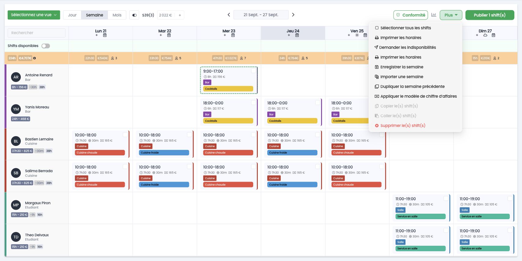 Menu Plus du planning, avec Imprimer les horaires