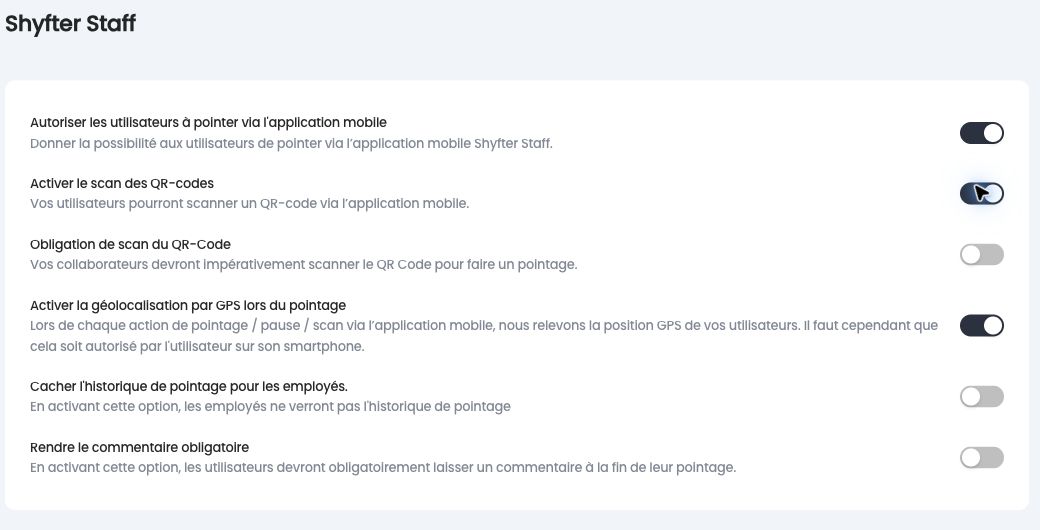 Options Activer le scan des QR-codes et Obligation de scan du QR-Code