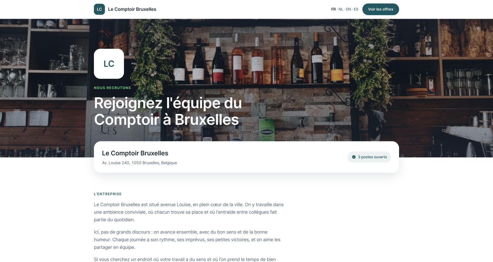 Page entreprise publique, telle que la voit le candidat