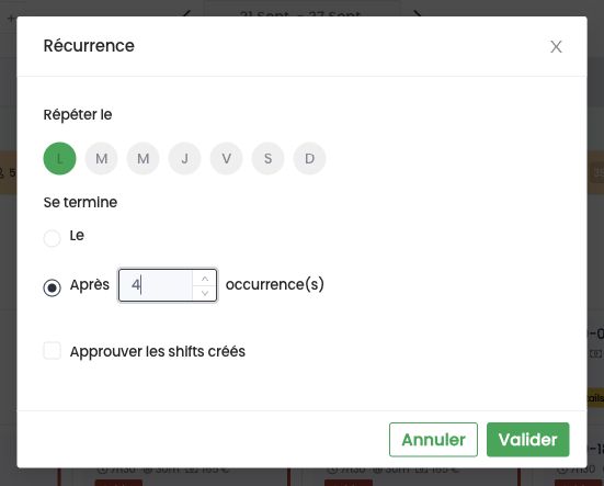 Fenêtre Récurrence : jours de répétition, fin de la série et approbation des shifts créés