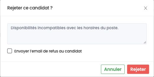 Fenêtre Rejeter ce candidat : motif et envoi facultatif de l'e-mail de refus