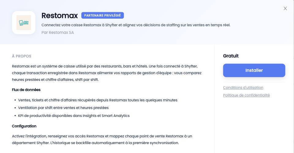 Fiche Restomax dans le catalogue des intégrations
