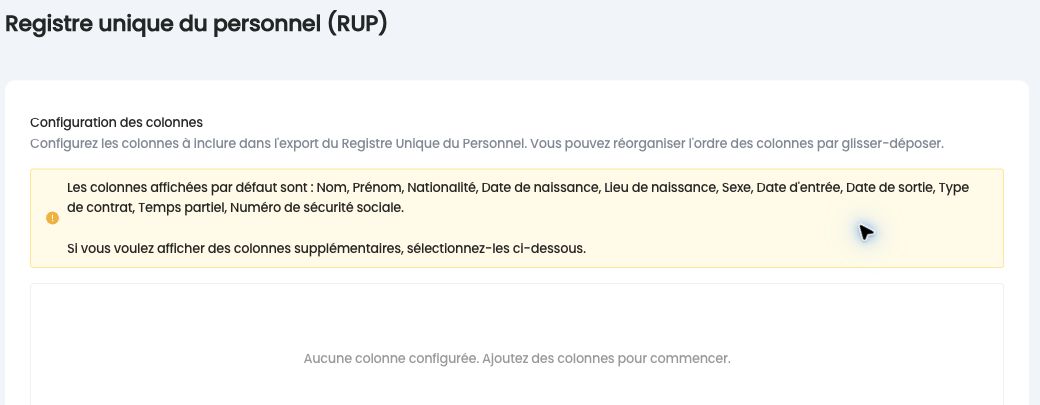 Configuration des colonnes du Registre unique du personnel