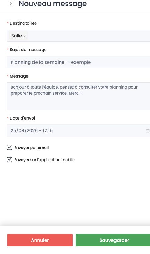 Panneau Nouveau message : destinataires, sujet, message, date d'envoi et canaux d'envoi