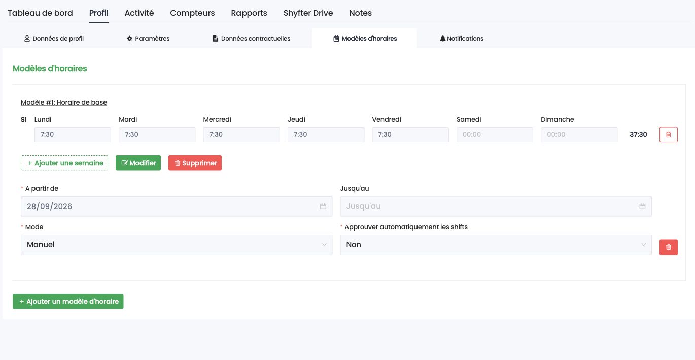 Application du modèle : date de début, date de fin, mode et approbation automatique des shifts