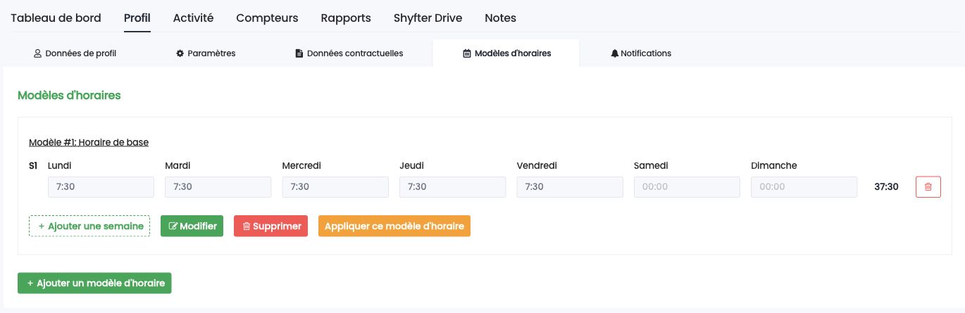 Modèle d'horaire : la semaine type, avec Ajouter une semaine, Modifier et Appliquer ce modèle d'horaire