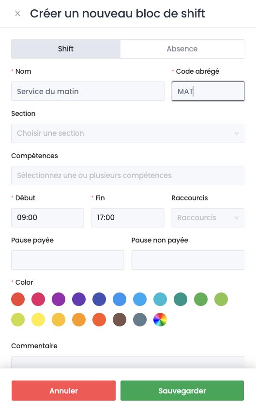 Panneau Créer un nouveau bloc de shift : nom, code abrégé, section, horaires, pauses et couleur