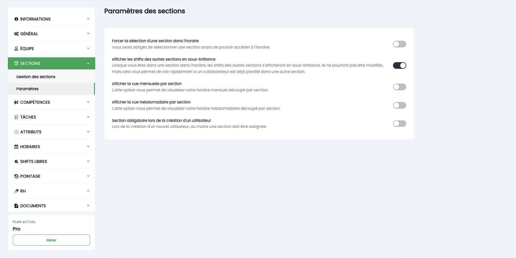 Paramètres des sections, avec l'option Afficher la vue mensuelle par section